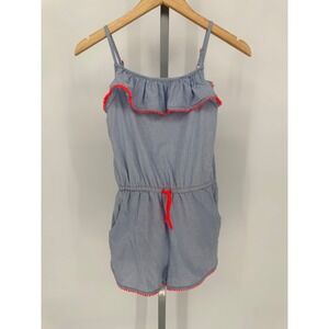 Boden‎ Girls Blue Ruffle Pom Pom Trim Romper Kids Casual Summer Jumpsuit
